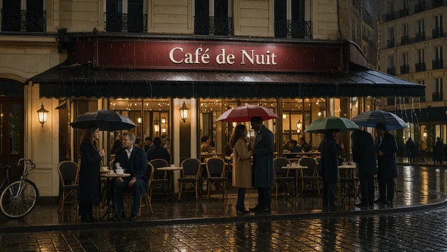 Уличное кафе в Париже под дождём, вывеска «Café de Nuit», люди под зонтами, огни отражаются на брусчатке. Кинематографи…
